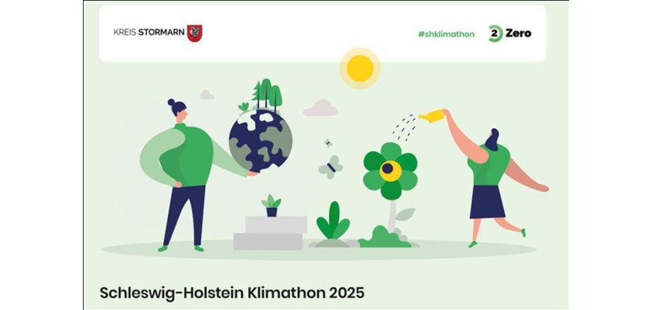 Eine Person, die die Erde in der Hand hält und eine weitere Person, die eine Blume bewässert. Es steht der Text "Schleswig-Holstein Klimathon 2025".